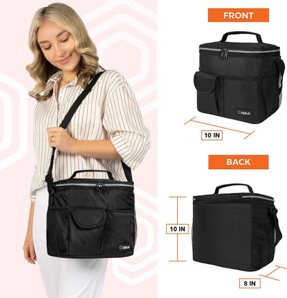 opux Insulated Lunch Bag for Men Women, Leakproof Black Lunch Box for Work, Portable Soft Lunch Cooler Bag with Shoulder Strap, Adult Lunchbox Lunch Pail for Kid Boy Girl School, 14 Can/8L