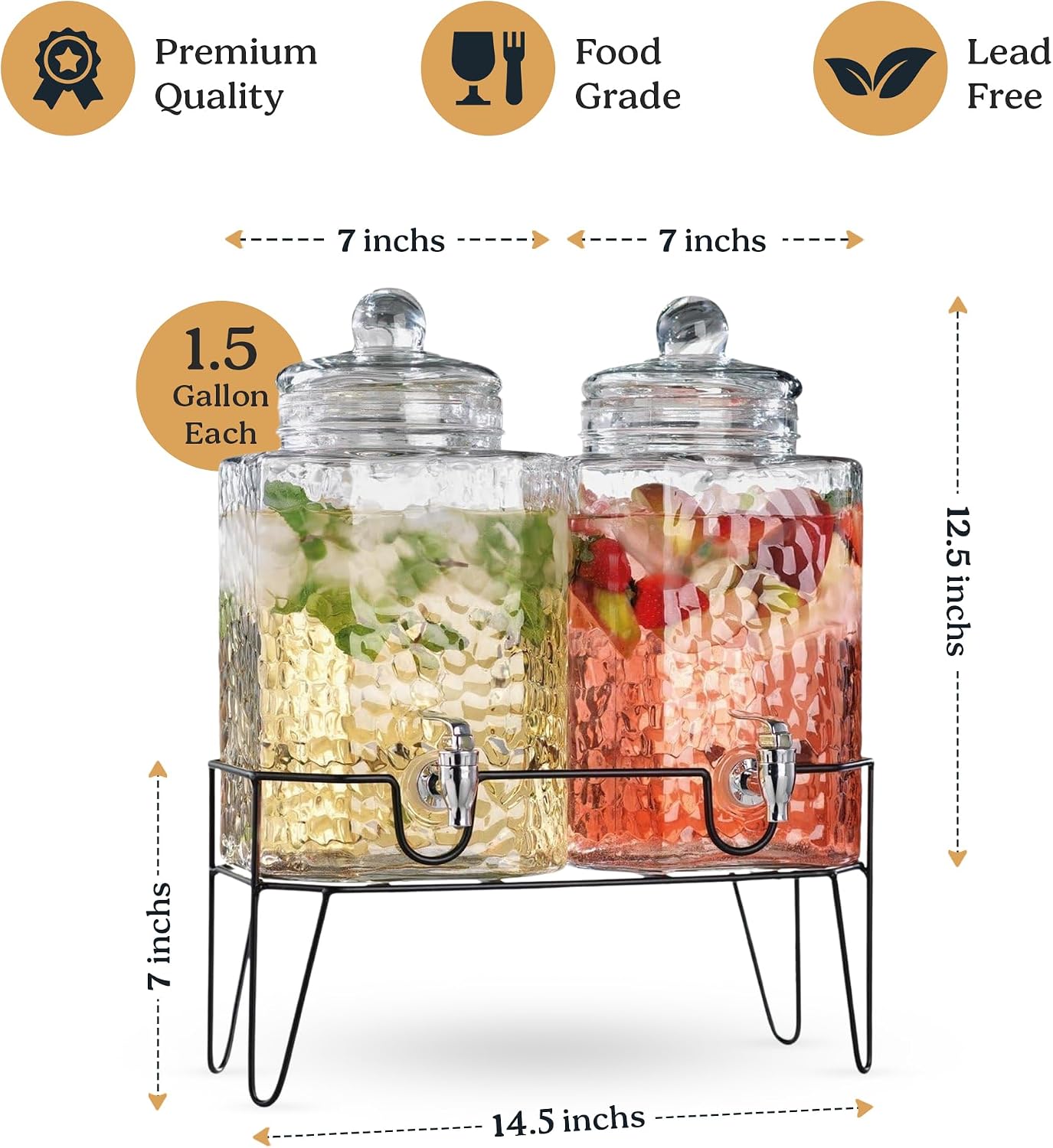 3 Gallon Glass Drink Dispenser with Metal Stand & Lid – Hammered Beverage Dispenser with Leakproof Spigot, Wide Mouth for Easy Fill – Ideal for Parties, Lemonade, Iced Tea, Sangria & More