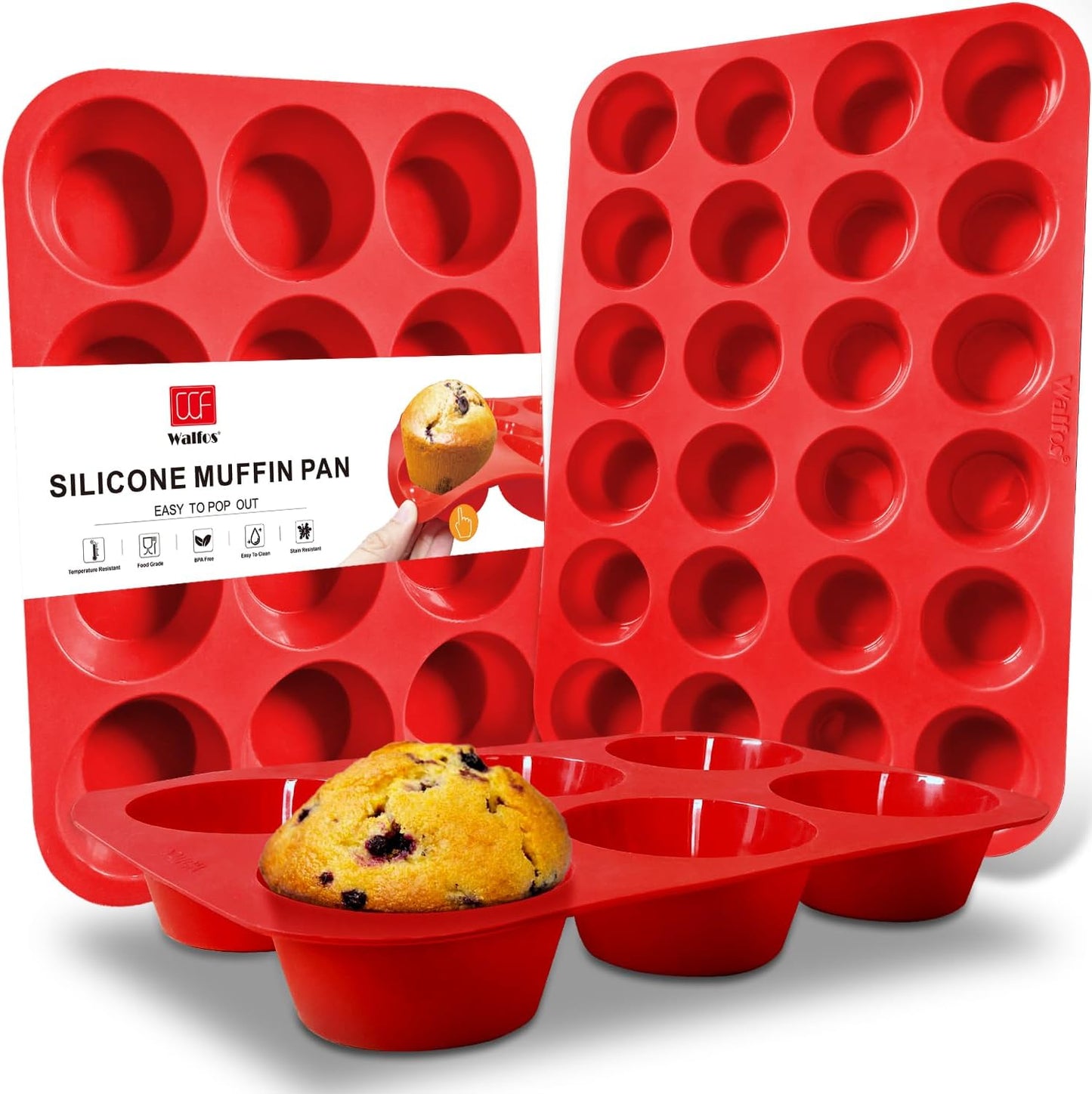 Walfos Silicone Muffin Pan - 12 Cups Regular Silicone Cupcake Pan, Non-stick Great for Making Muffin Cakes, Tart, Bread - BPA Free and Dishwasher Safe