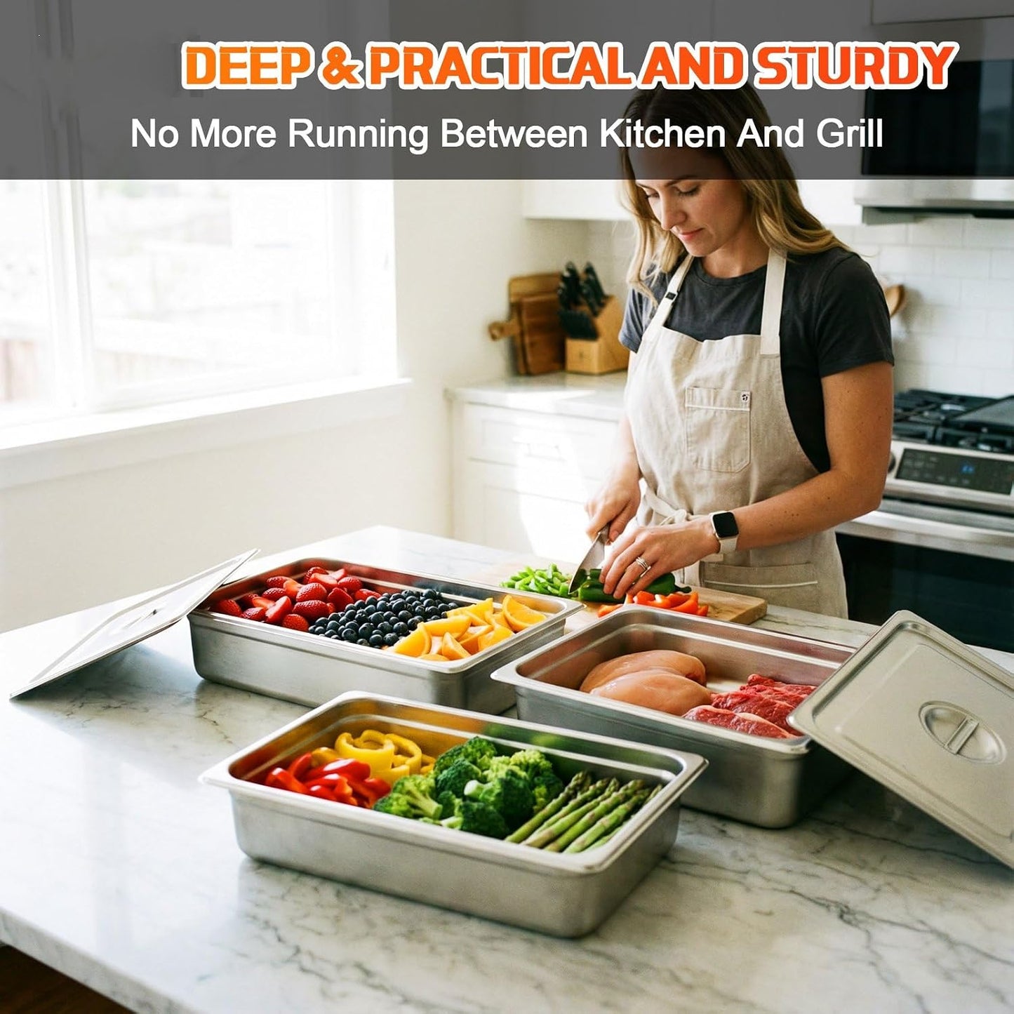 3 Pack Stainless Steel Grill Prep Trays with Lids 15.75" x 11.81" Large Hotel Pans Metal Food Tray Steam Table Pans for Restaurant Commercial Food Containers Supplies(1.97'' Deep)