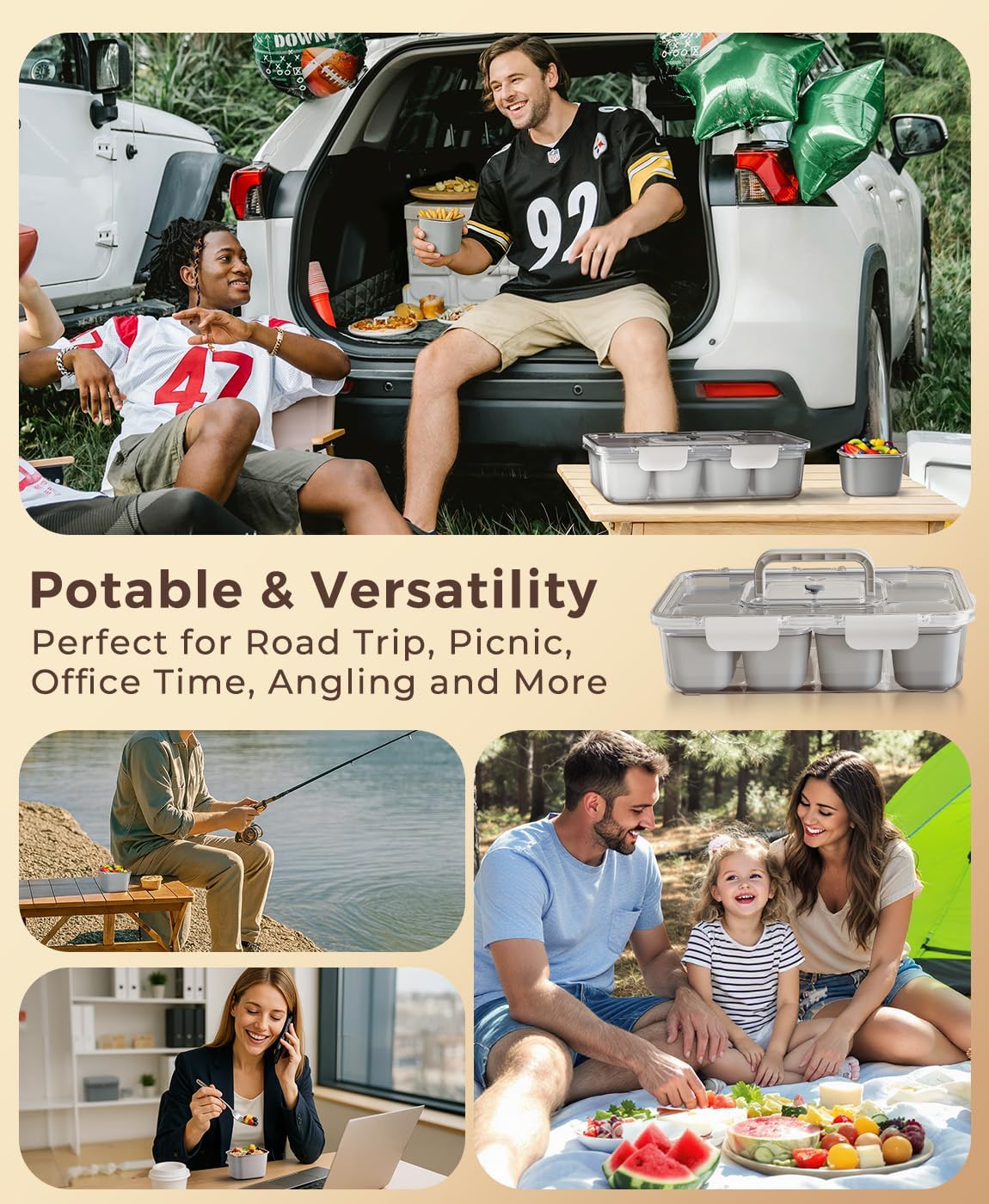 Snackle Box Container with 8 Removable Stainless Steel Compartments Divided Serving Tray with Portable Handle for Beach, Road Trip, Picnic, Boat Days, Ball Games, Pool and Parties