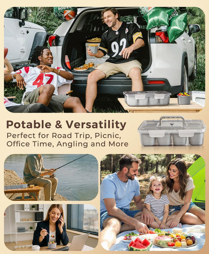 Snackle Box Container with 8 Removable Stainless Steel Compartments Divided Serving Tray with Portable Handle for Beach, Road Trip, Picnic, Boat Days, Ball Games, Pool and Parties
