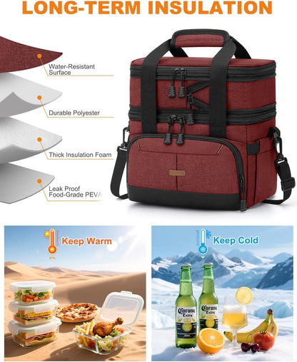 Pritent Lunch Box For Men Women Double Deck Insulated Lunch Bag For Men Woman Leakproof Expandable Cooler Bag with Adjustable Shoulder Strap for Kids Shool Work Picnic Camping(Beige,Large)