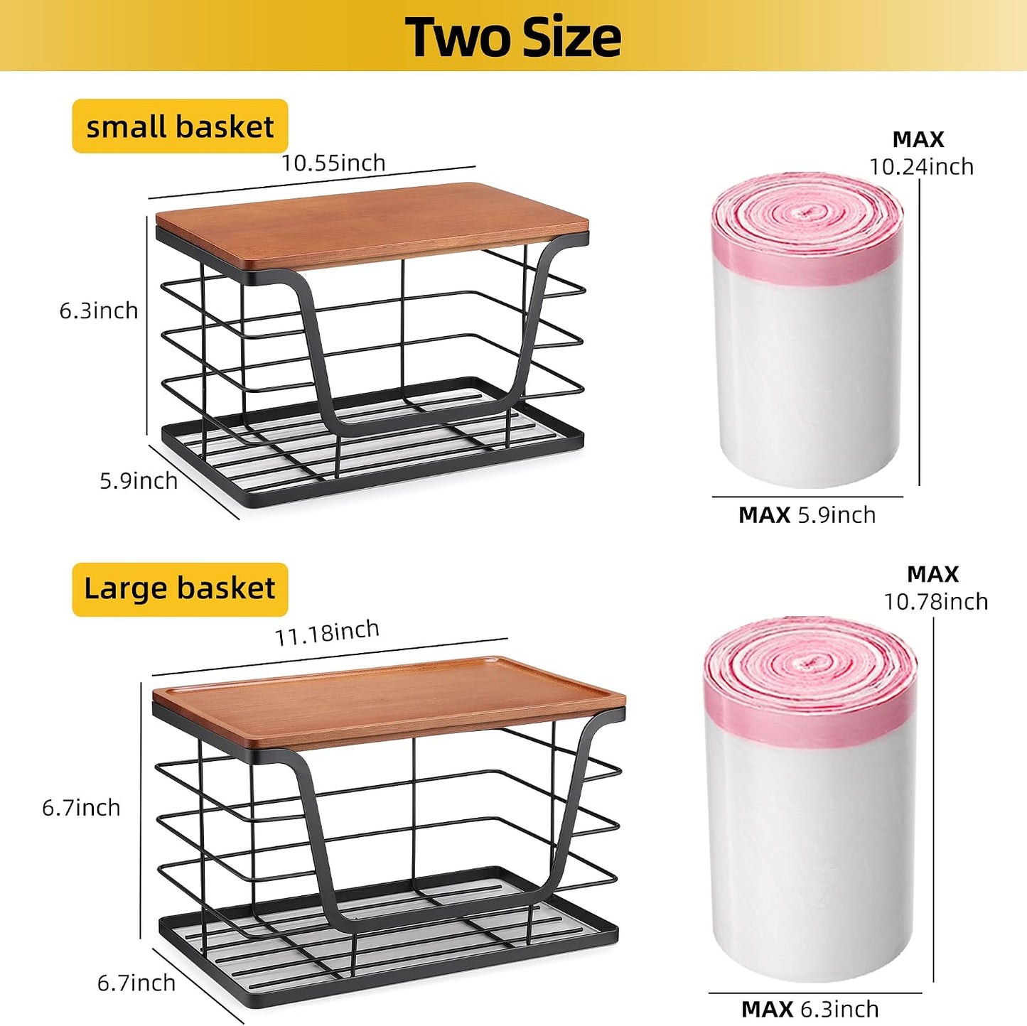 ALOCEO 2 Pack Stackable Wire Storage Basket with Bamboo Lid, Trash Bag Dispenser Under Sink for 4-13 Gal Bags, Kitchen Storage Bins for Potato and Onion, Brown