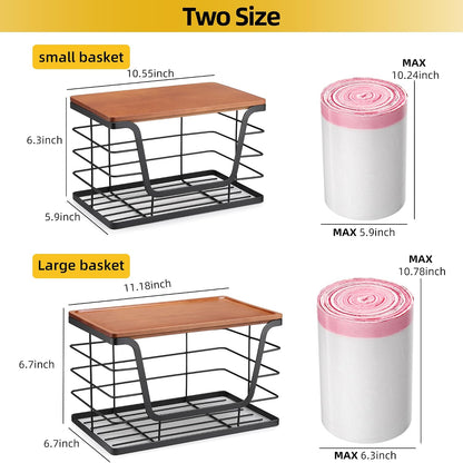 ALOCEO 2 Pack Stackable Wire Storage Basket with Bamboo Lid, Trash Bag Dispenser Under Sink for 4-13 Gal Bags, Kitchen Storage Bins for Potato and Onion, Brown