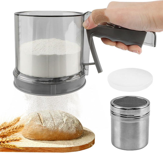 Flour Sifter for Baking with Seasoning Jar, 3 Cup, Hand Press Baking Sieve