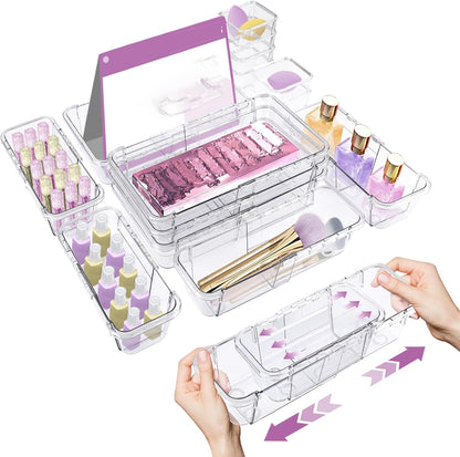 15-Piece Expandable Drawer Organizer Set, Clear 2-Size Bins | 15-piece set, clear expandable bins, 2 sizes, for makeup, vanity, desk and kitchen drawers