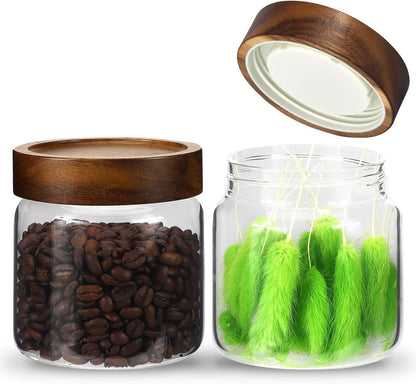 6 pc Glass Spice jars Glass Jars with Screw Lid 5 oz Acacia Wood Glass Herb Sugar Coffee Bean Ground Container Food Storage Canister for Candy Pantry Tea Seasoning Meal Prep Snack (6*150ml(5oz))