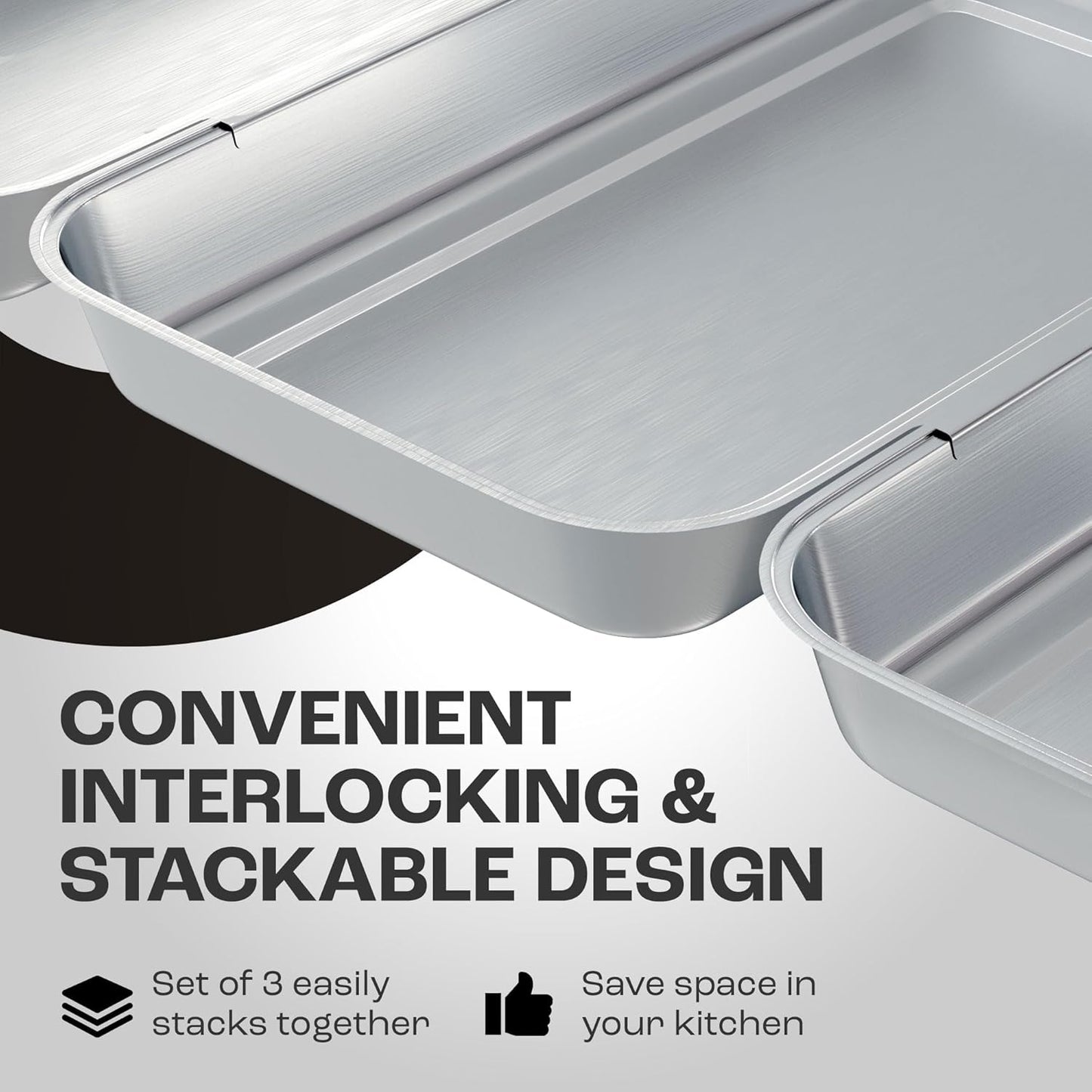 Set of 3 Larger Interlocking Breading Trays | 10.4" x 6.1" x 1.2" | Stackable Dredging Trays for Breading, Marinating, Roasting | Non-Toxic Stainless Steel Breading Pans | Oven & Dishwasher Safe