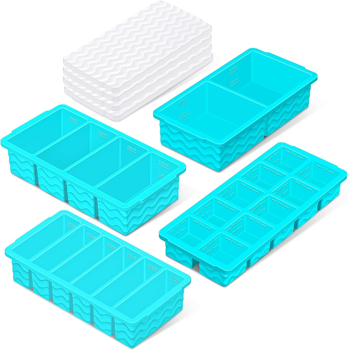 Silicone Freezer Trays with Lid (4-Pack), 1-Cup, 2-Cup, 1/2-Cup & 2-Tbsp Silicone Freezer Molds, Stackable Soup Freezer Meal Prep Containers,Ice Cube Tray for Making Sauce,Smoothies,Yogurt Bites