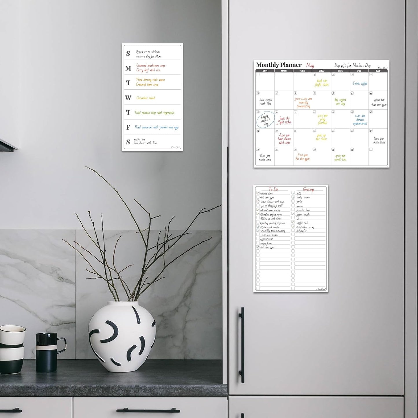 Non-Magnetic Dry Erase Calendar Set for Fridge - 14.5“x11.5 Reusable Monthly and Weekly Calendar - 6.5"x11.5" Menu and List Board Sticks to Most Smooth Surfaces - 6 Dry Erase Markers Included
