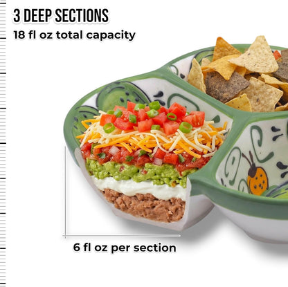 Ceramic Chip & Dip Bowl 7.5”, 3-Compartment Divided Serving Dish & Condiment Tray for Appetizers – Handmade in Spain, Lead-Free Glaze, Microwave, Oven & Dishwasher Safe