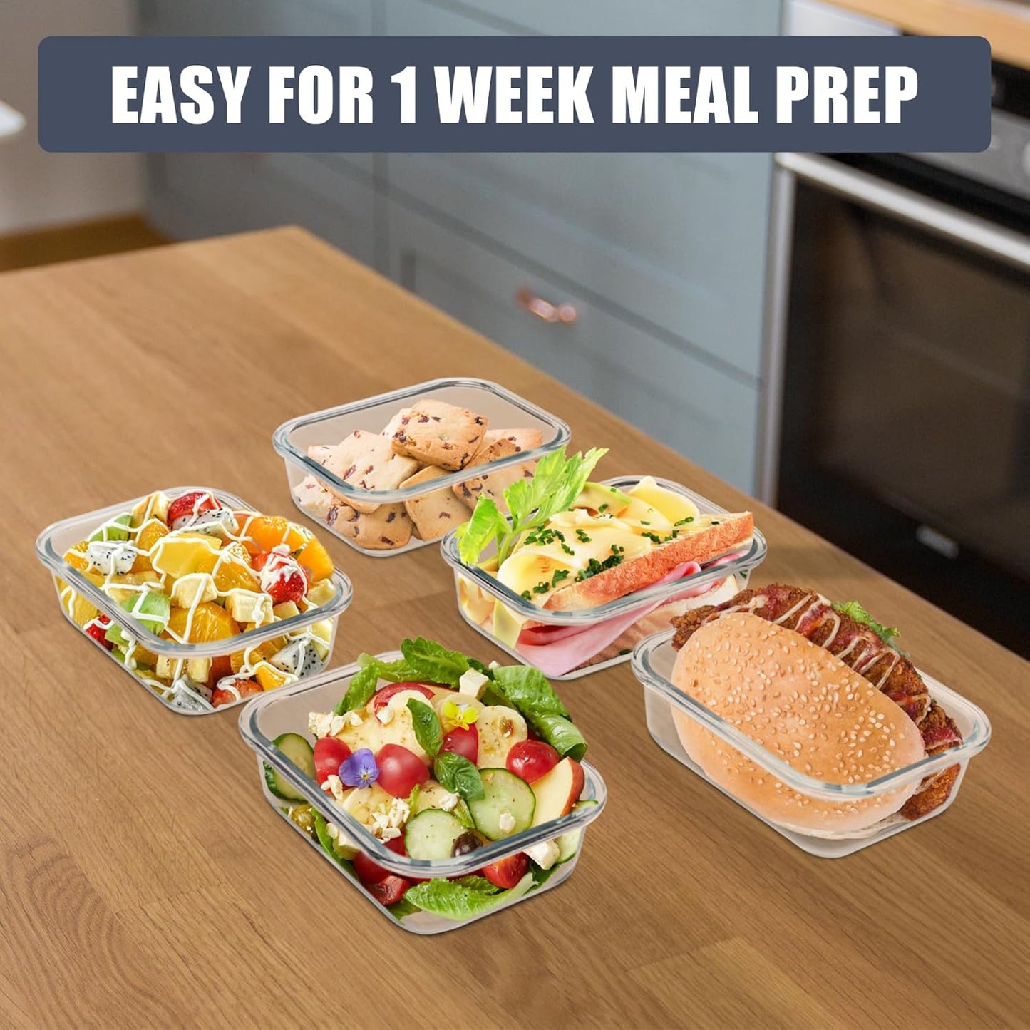 6Pack 22oz Glass Meal Prep Containers, Glass Food Storage Containers Sets with Snap Leak Proof Lids for Microwave, Oven, Freezer and Dishwasher Safe (Grey, 22oz)