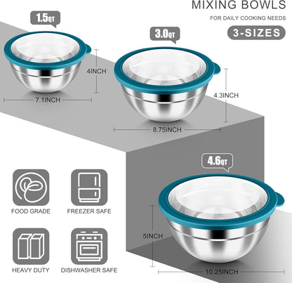 HaWare Mixing Bowls with Airtight Clear Lids, 6-Piece Stainless Steel Strong Nesting Bowls Set, Metal Salad Bowl for Cooking, Prepping, Baking, Serving & Food Storage, Size 4.6, 3, 1.5QT, Khaki