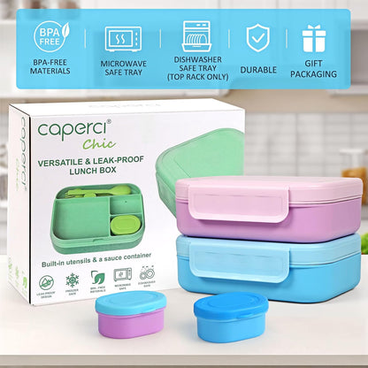 Caperci Bento Box for Kids - Stackable Leakproof Multiple Compartments Lunch Containers for Kids with Sauce Container, 5.8 Cups, Idea for School, On-the-go, Built-in Utensil Set, BPA Free (Purple)