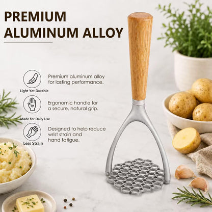 Potato Masher, Aluminum Alloy Food Smasher with Wooden Handle,Potato Press