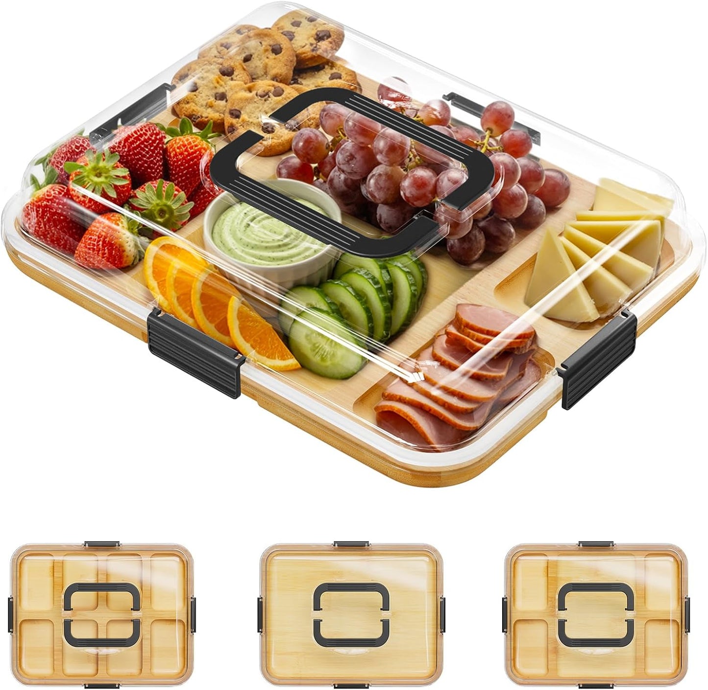 SpaceAid Charcuterie Board with Clear Lid, Portable Travel Cheese Cutting Boards for Picnic Accessories, Bamboo Serving Tray with Lids, House Warming Gifts, Black Handles, 8 Compartments