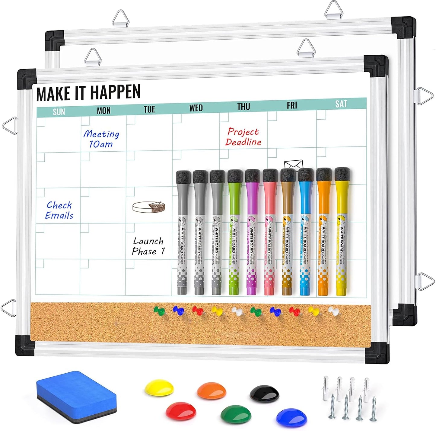 Marsrock Weekly Calendar Whiteboard and Cork Board Combo for Wall, 17"x13" Reversible Hanging Dry Erase Board, Double Sided White Board with Aluminum Frame for Planning, Office, Kitchen, School, Home