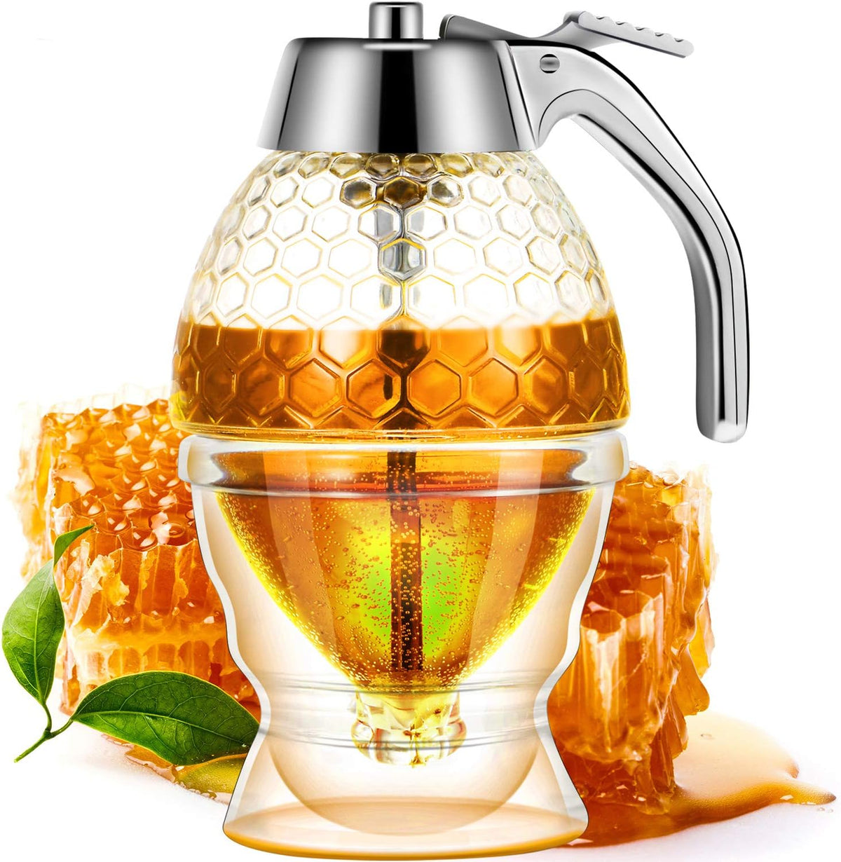 Boao Acrylic Honey Dispenser with Stand Comb Shaped Honey Pot, No Drip Syrup and Sugar Jar Pot with High Capacity Pourer Dispenser