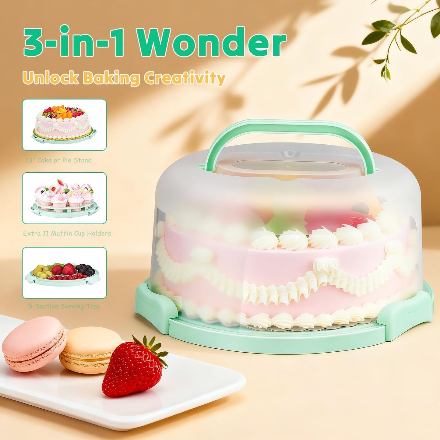 Cake Carrier with Lid and Handle, Bpa-Free Cake Holder with Lid for 10 Inch Round Cake Carrier with 10 pcs Round Golden Cake Boards and Portable Insulated Bag & Two Boxes of Cupcake Paper Liners