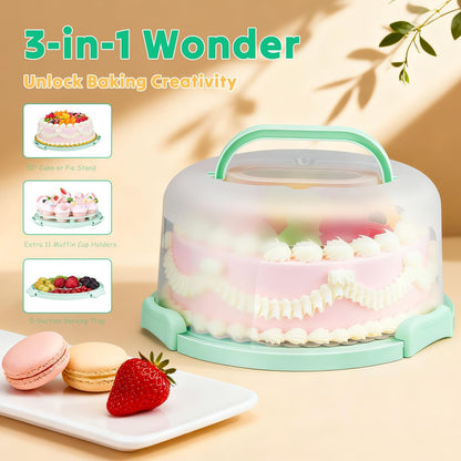 Cake Carrier with Lid and Handle, Bpa-Free Cake Holder with Lid for 10 Inch Round Cake Carrier with 10 pcs Round Golden Cake Boards and Portable Insulated Bag & Two Boxes of Cupcake Paper Liners