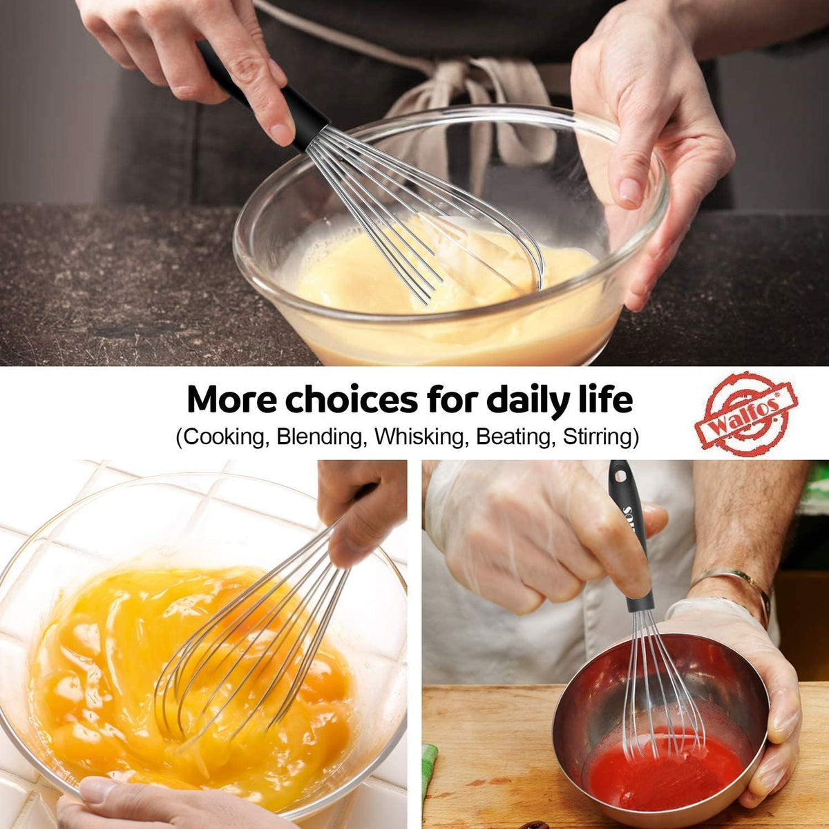 Walfos Silicone Whisk,Stainless Steel Wire Whisk -Heat Resistant 480°F Kitchen Whisks for Non-stick Cookware,Balloon Egg Beater Perfect for Blending,Whisking,Beating,Frothing & Stirring,Black