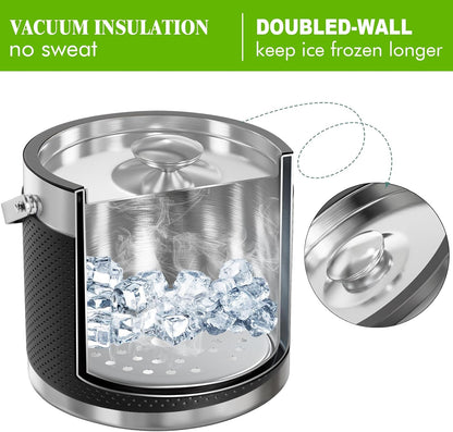 3.2L Double Wall Stainless Steel Ice Bucket with Lid,Scoop, Updated Insulated Ice Bucket for Cocktail Bar and Parties