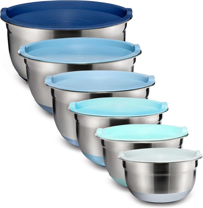 COOK WITH COLOR Stainless Steel Mixing Bowls Set with Lids - Nesting Bowls with Non-Slip Bottom, Sage, 12 Pieces