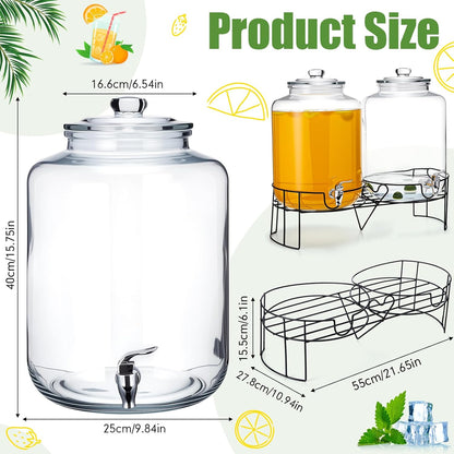 Honeydak 2 Pack 3 Gallon Glass Drink Dispenser for Parties Glass Beverage Dispenser with Stand and Spigot Leakproof Iced Water Storage Lemonade Juice Jar Mason with Lids for Wedding Parties Kitchen