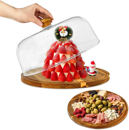 Acacia-Wood-Cake-Stand With Acrylic Lid, Rectangular Cake Plates Charcuterie Board With Cover, 2-in-1 Cake Holder With Dome，Dessert Table Display Stand For Cheese, Chips & Dips, Nachos, Fruit Platter