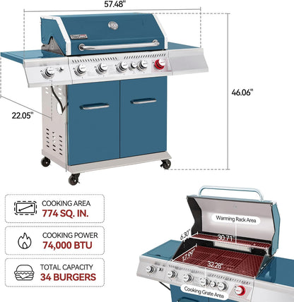 Royal Gourmet GA5403C 5-Burner Propane Gas Grill with Side Burner & Warming Rack, Outdoor BBQ Grill with 74,000 BTUs Output & 738 Sq. in. Cooking Area for Outdoor Barbecue, Coffee