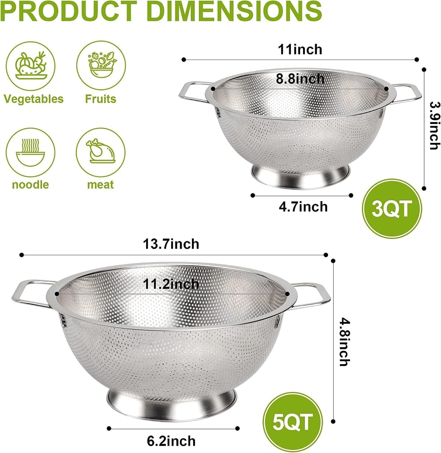 Gulex Colander Stainless Steel 3-Quart, Strainer Kitchen, Dishwasher Safe