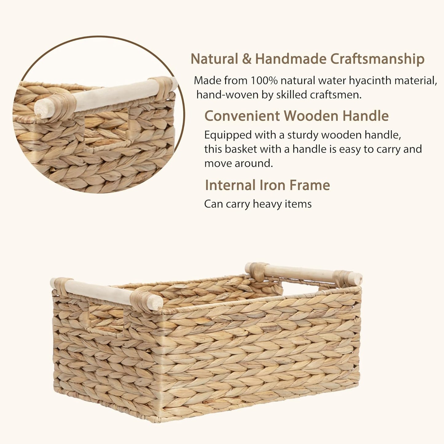 Water Hyacinth Wicker Storage Basket, Rectangular Handwoven Shelf Organizer with Wooden Handles for Pantry & Closet (Medium)