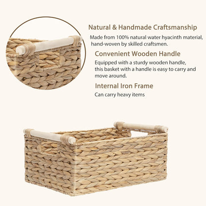 Water Hyacinth Wicker Storage Basket, Rectangular Handwoven Shelf Organizer with Wooden Handles for Pantry & Closet (Medium)