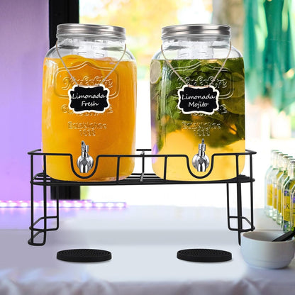 TURSTIN 2 Pcs 2 Gallon Glass Beverage Drink Dispenser with Stand Dual Beverage Dispensers with Ice Cylinder Steel Spigot Hanging Chalkboard Signs Drip Trays Drink Juice Dispenser with Lids for Parties