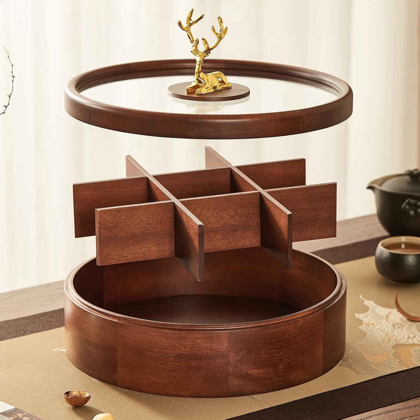 12" Wooden Serving Tray with Lid, 360° Rotating Snack Try, 9 Compartments, Platter Organizer for Snacks, Candy, Nuts, Chips, Tray for Party, Family Dinner for Mom