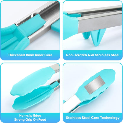 3 Pack Silicone Tongs for Cooking,Maywe Tanso 9 Inch Cooking Kitchen Tongs with Silicone Tips,Nonstick Stainless Steel Tongs for Steak Pie Pizza Pasta Spaghetti Salad BBQ Buffet