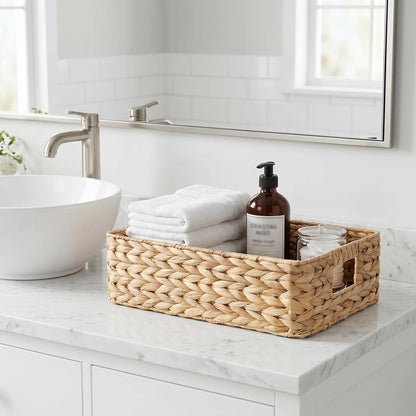 YAHUAN Pantry Basket, Water Hyacinth Storage Basket with Handles Shallow Basket for Organizing, Shelves, Pantry Organizers and Storage, 15.35"L x 11.8"W x 4.72"H (Brown)