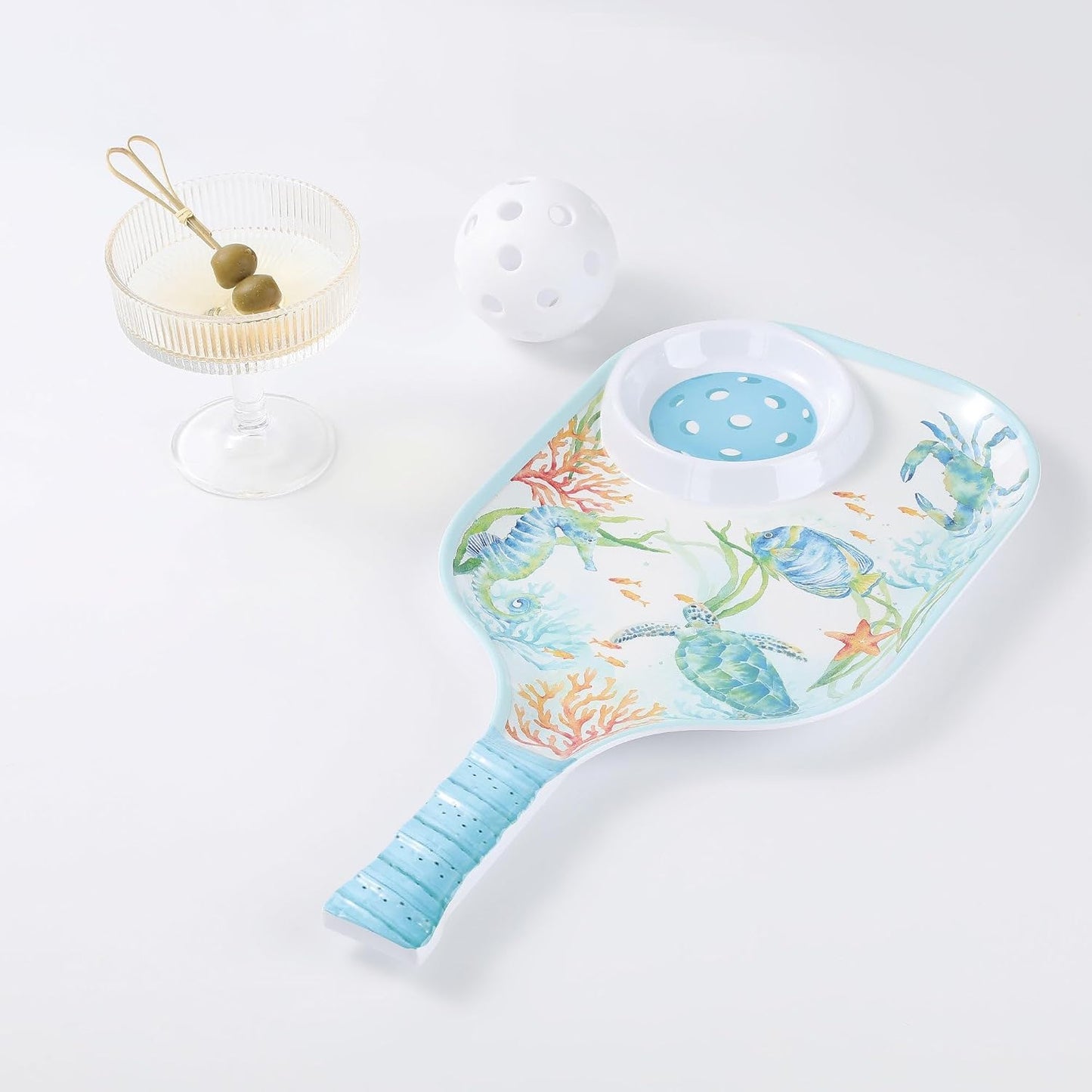 UPware Flamingo Melamine Chip and Dip Snack Tray, Tropical Floral Pickleball Paddle Shape Platter for Chips, Salsa, Fruits, and Appetizers, 15.75 x 8 Inch