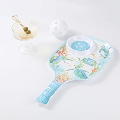 UPware Flamingo Melamine Chip and Dip Snack Tray, Tropical Floral Pickleball Paddle Shape Platter for Chips, Salsa, Fruits, and Appetizers, 15.75 x 8 Inch