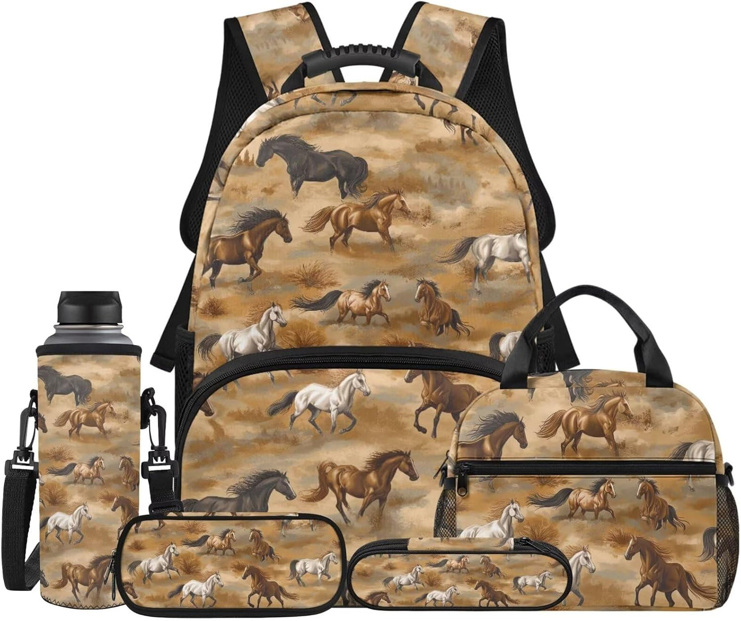 Highland Cow Backpack with Lunch Box Set for Kids Sunflower School Backpack for Girls Boys Back to School Bag Student Travel Backpacks Reusable Utensils Pen Case Water Bottle Bag 5PCS