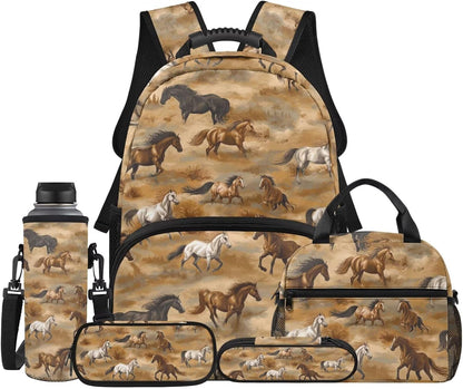 Highland Cow Backpack with Lunch Box Set for Kids Sunflower School Backpack for Girls Boys Back to School Bag Student Travel Backpacks Reusable Utensils Pen Case Water Bottle Bag 5PCS