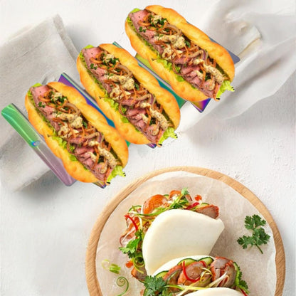 Gold Taco Holder Stand with Handles for Party, Set of 6 Stainless Steel Taco Tray, Rack Holds Up to 3 Tacos Each Stackable storage, Dishwasher Oven safe