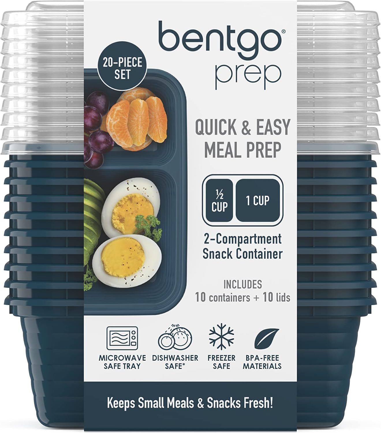 Bentgo Prep - 2-Compartment Snack Containers with Lids - Reusable, Microwaveable, Durable, PFAS & BPA-Free, Freezer, & Dishwasher-Safe Meal Prep Food Storage - 10 Trays & 10 Lids (Basil Glitter)