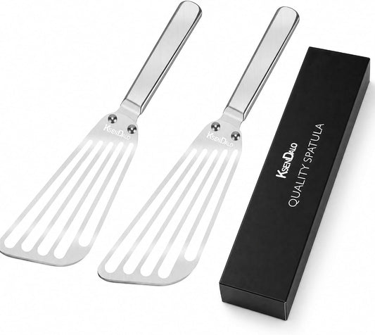 KSENDALO 2 Pack Flexible Fish Spatula Stainless Steel for Kitchen | Thin Edged Egg Spatula, Slotted Angled Blade Metal Turner, BBQ Flipper, Riveted for More Sturdy, Silver