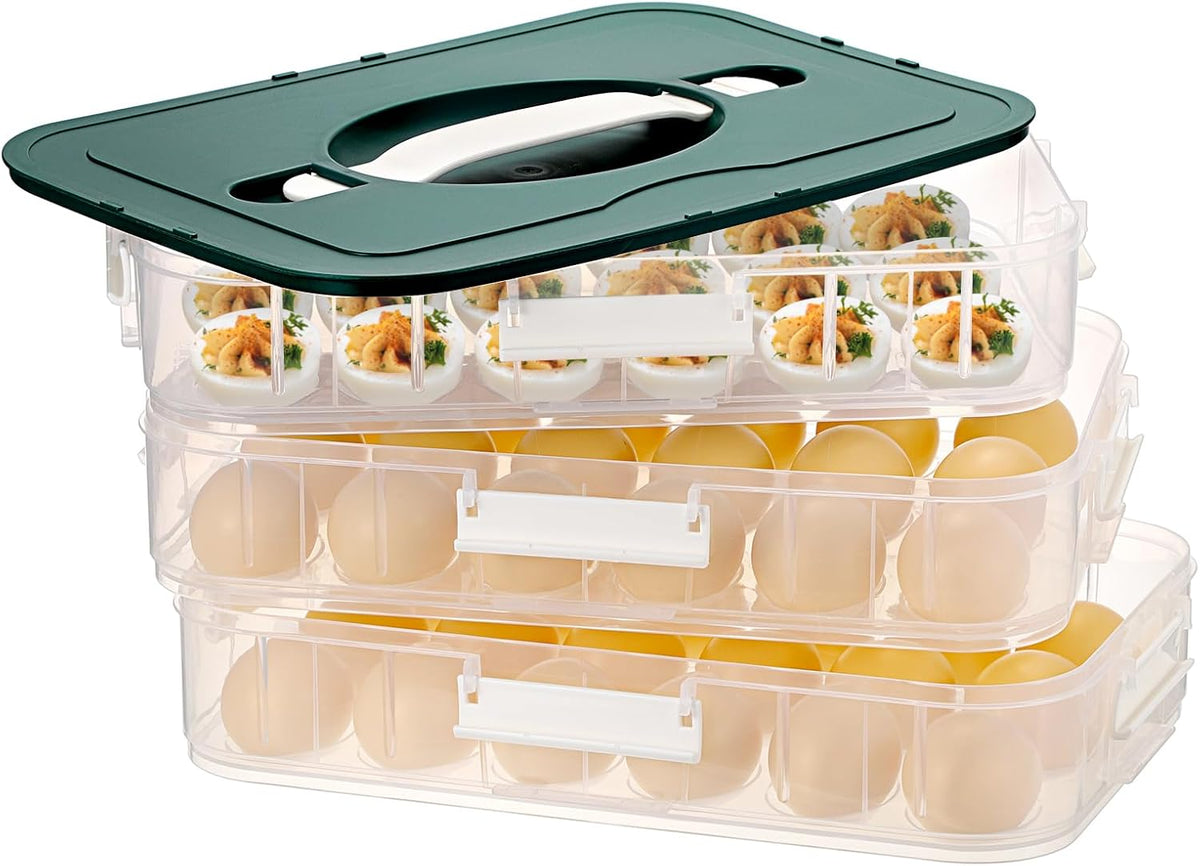 BTSKY Deviled Egg Platter with Lid, 3-Layer 54 Slots Deviled Eggs Carrier, Clear Portable Egg Holder for Fridge Reusable Deviled Eggs Tray Carton Box for Easter and Party Favor (3-Layer, Orange)