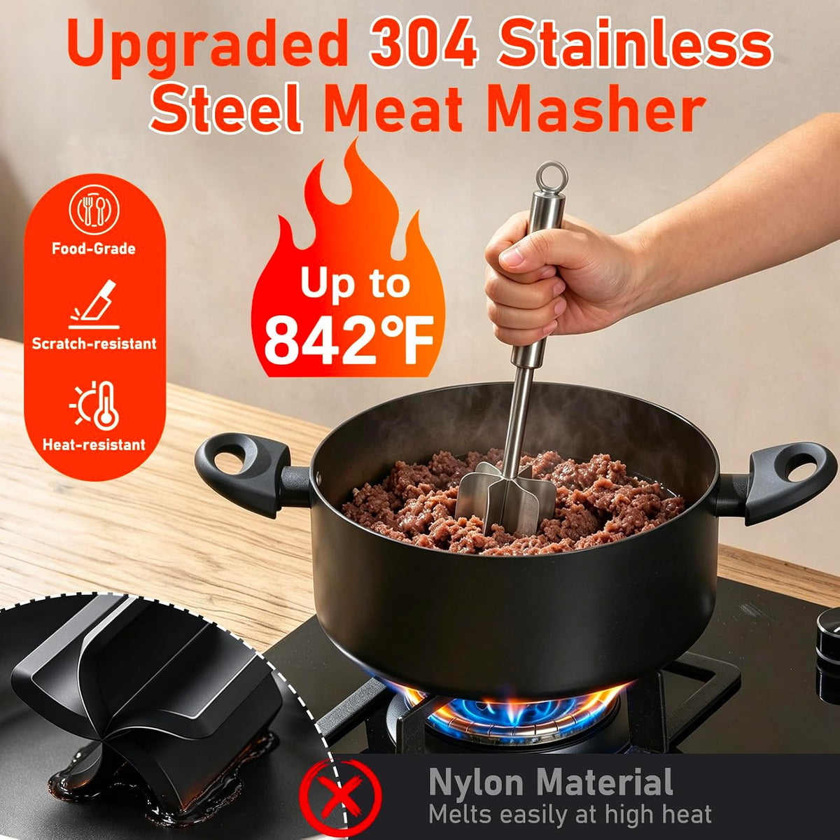 TRELC 304 Stainless Steel Meat Masher, 6 Blade Ground Beef Chopper Tool