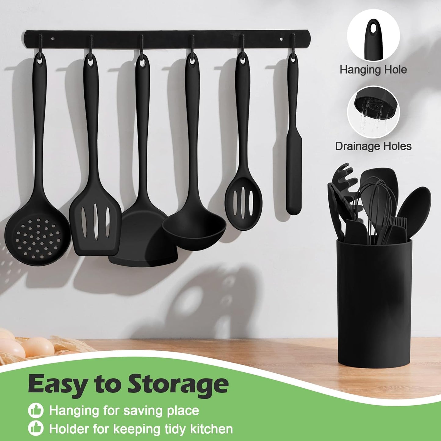 Homikit Silicone Cooking Utensil Set, 15pcs Kitchen Utensils with Holder for Nonstick Cookware, Heat Resistant Nontoxic Silicone Spatula Set Dishwasher Safe Kitchen Tools for Baking-Black
