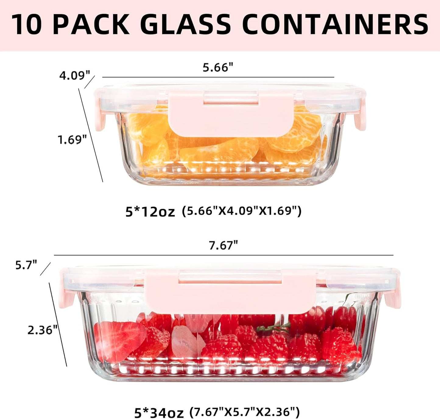 10 Pack Glass Food Storage Containers with Lids (34oz & 12oz) - Airtight, Leakproof, Meal Prep Containers for Kitchen - Dishwasher, Microwave, Oven, Freezer Safe High Borosilicate Glass (Pink)