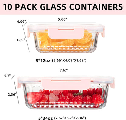 10 Pack Glass Food Storage Containers with Lids (34oz & 12oz) - Airtight, Leakproof, Meal Prep Containers for Kitchen - Dishwasher, Microwave, Oven, Freezer Safe High Borosilicate Glass (Pink)